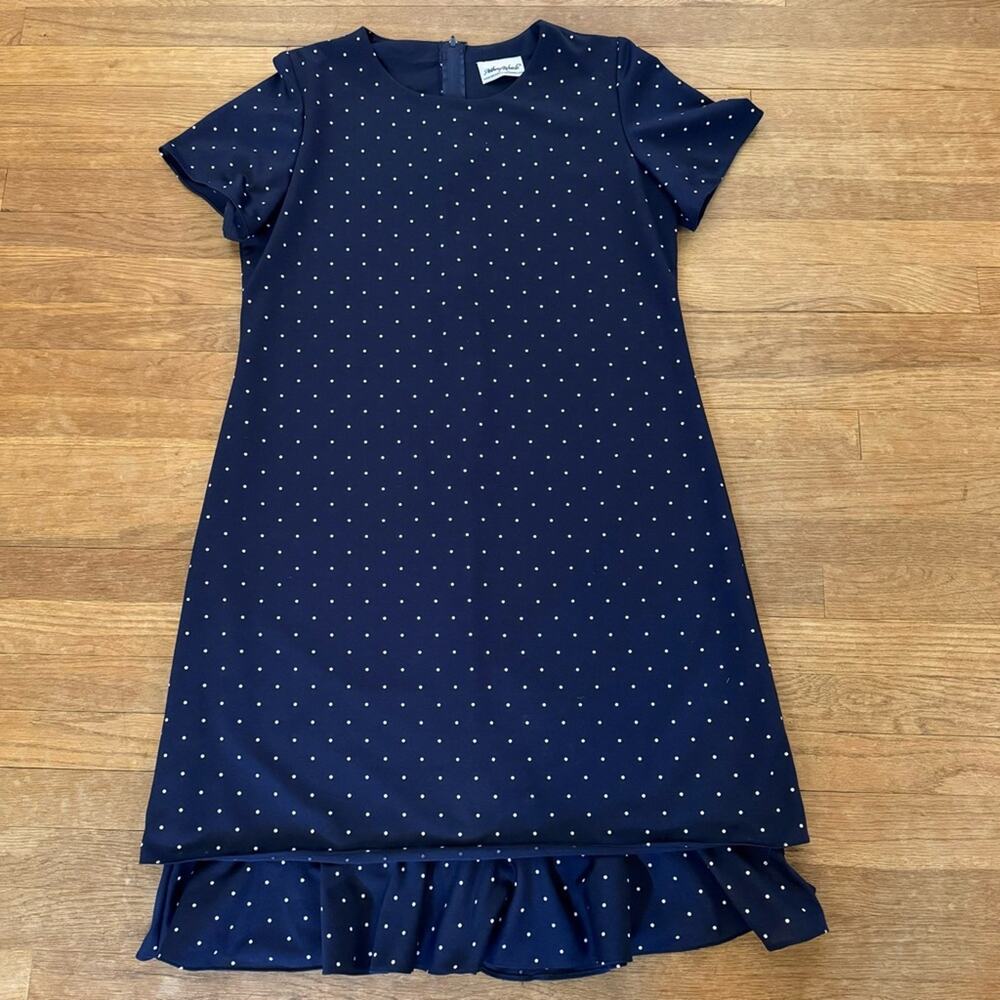 Anthony Richards navy blue white dot midi short sleeve shift dress size 14
b26